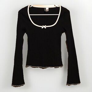 Divided Ribbed Long Sleeve Lettuce Trim Fitted Top Coquette Y2K Soft Girl Sz M